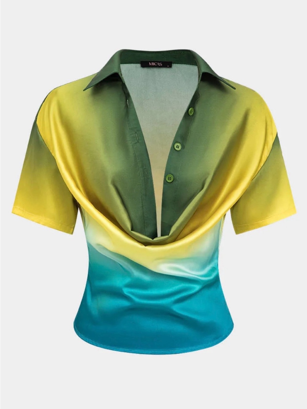 Ombre Short Sleeve Draped Blouse - Green/Yellow/Blue